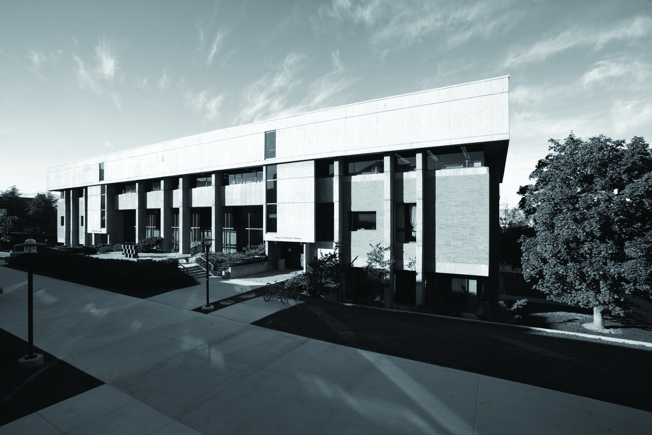Exteriors of UofU College of Architecture + Planning building, completed in 1970, and now subject of a net zero retrofit.