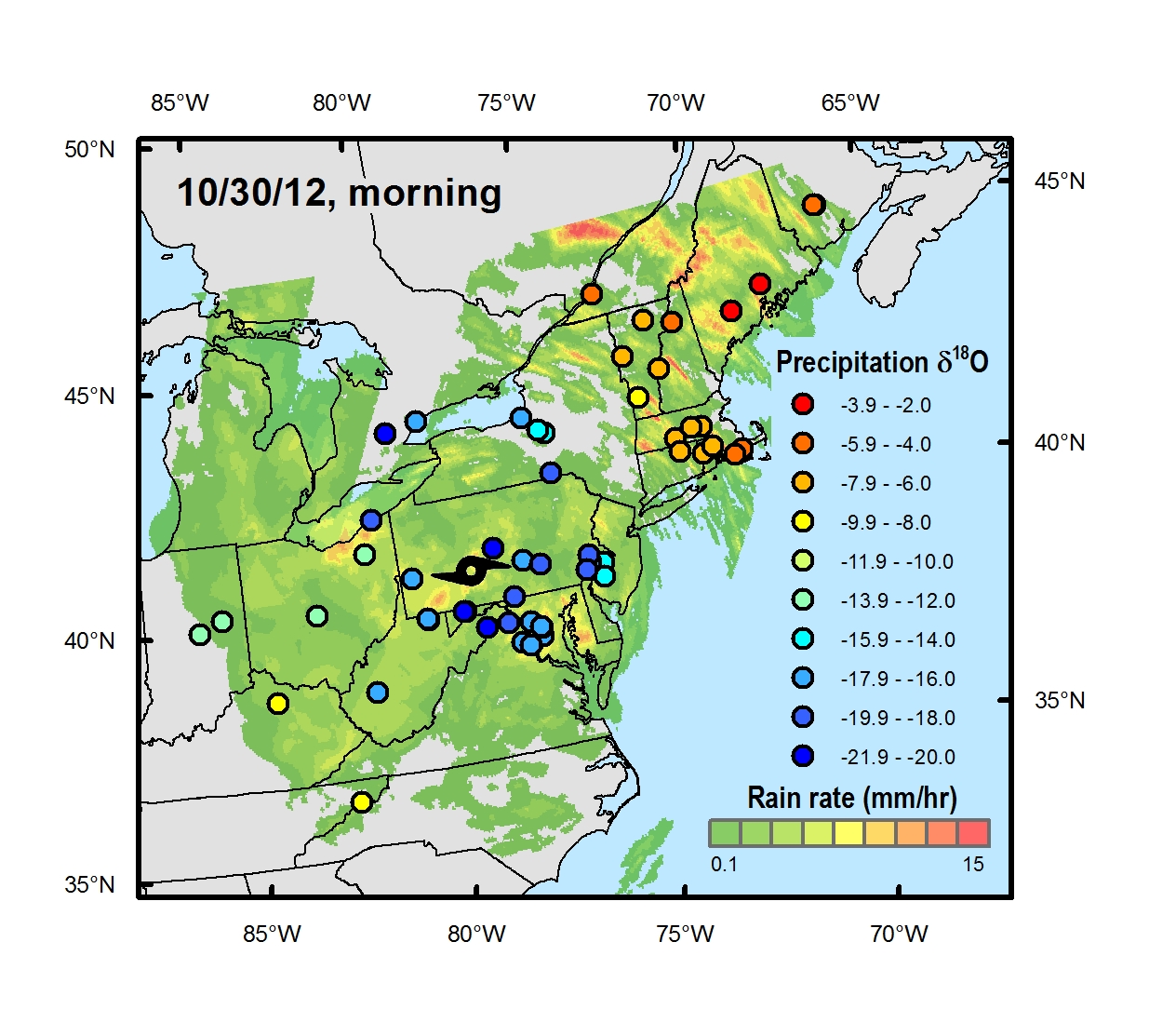 Snapshot of rainfall and oxygen-18 isotope values during landfall of Superstorm Sandy.