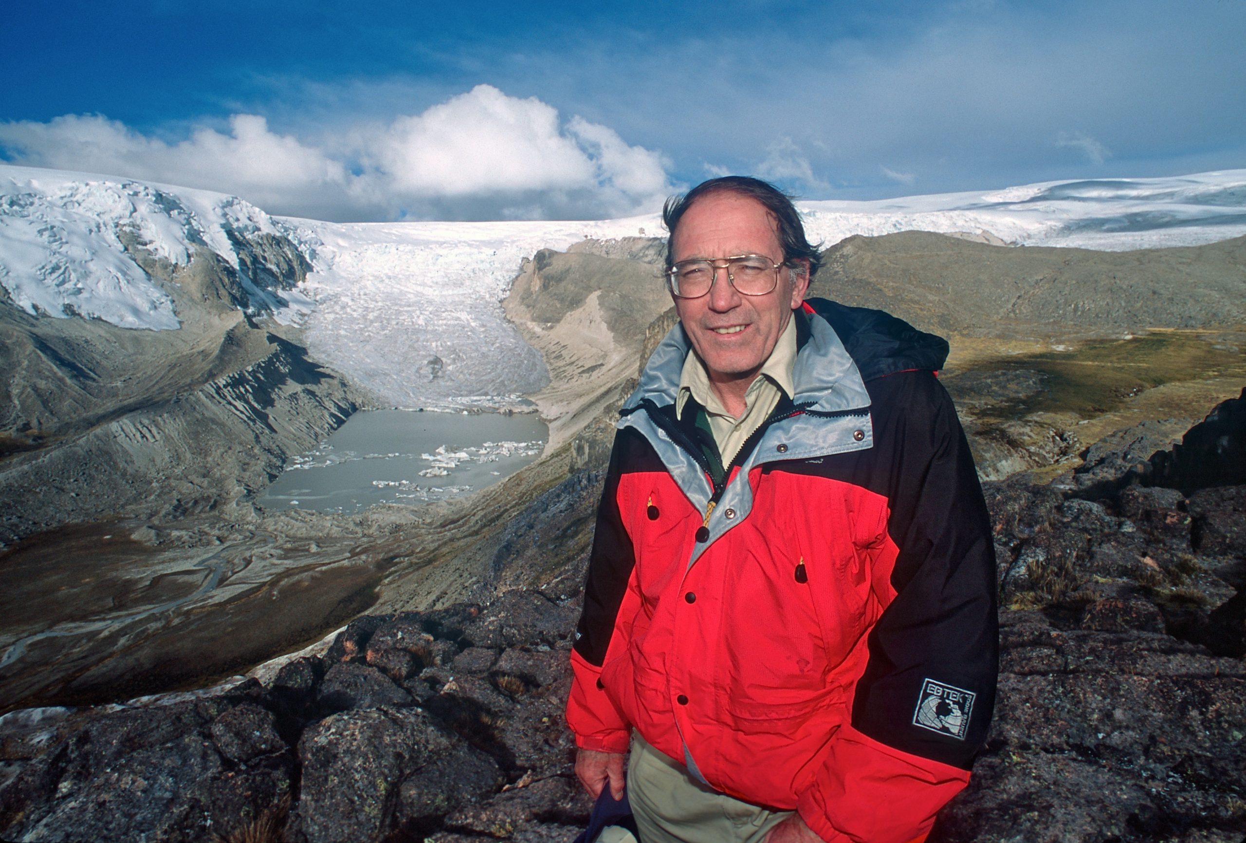 Ohio State University researcher Lonnie Thompson at Qori Kalis glacier in Peru. His research team studies polar ice and tropical glacial ice for clues to climate-related events as long as 25,000 years ago.