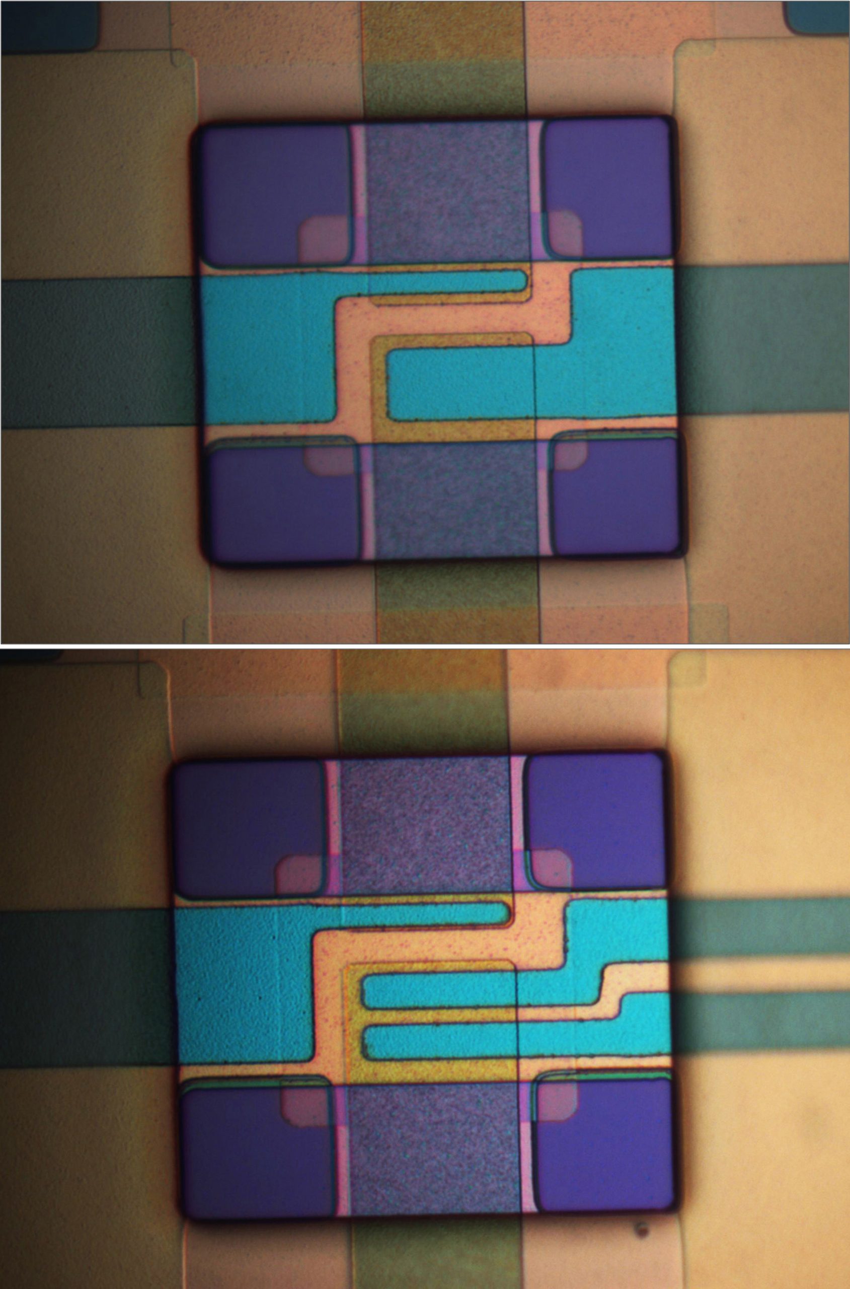 Microscopic images of two “logic gates” made of microscopic mechanical parts and thus designed to resist ionizing radiation that fries conventional silicon electronics. The top gate performs the logic function named “exclusive or” and the gate in the bottom image performs the function “and.” These devices, designed at the University of Utah, are so small that four of them would fit in the cross section of a single human hair.