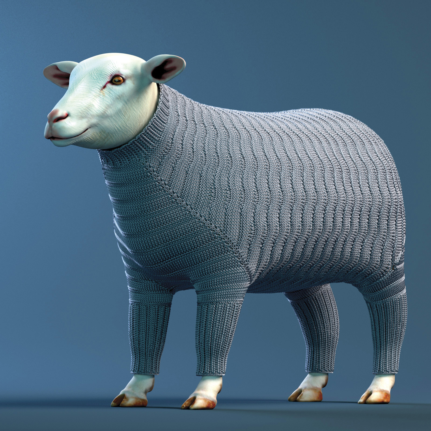 The computer simulation shows a knitted sweater dress for a sheep with a ridged feather pattern, prepared using University of Utah compter scientist Cem Yuksel's knitted-garment modeling technique.