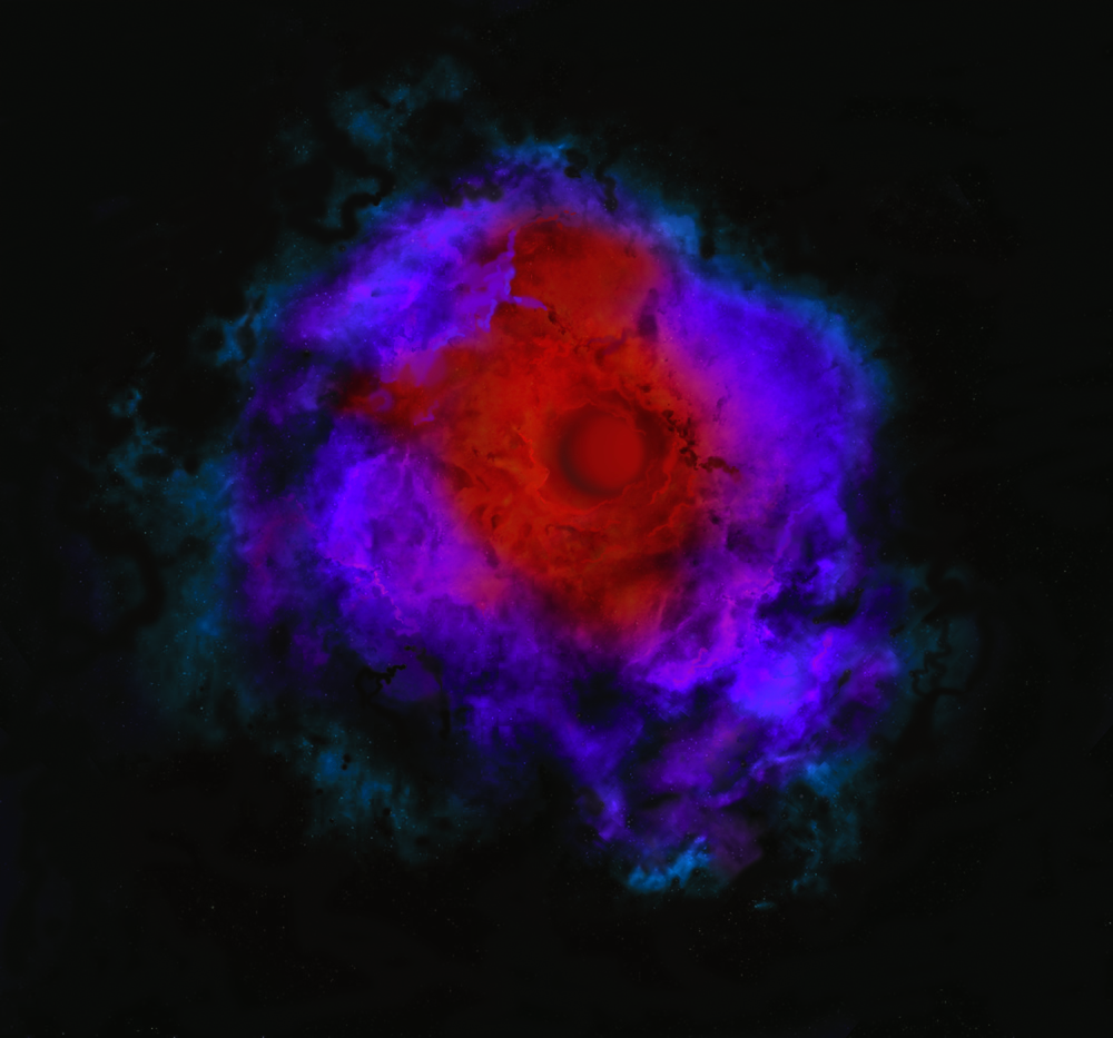 This artist's conception shows what an invisible "dark star" might look like when viewed in infrared light that it emits as heat. The core is enveloped by clouds of hydrogen and helium gas. A new University of Utah study suggests the first stars in the universe did not shine, but may have been dark stars.