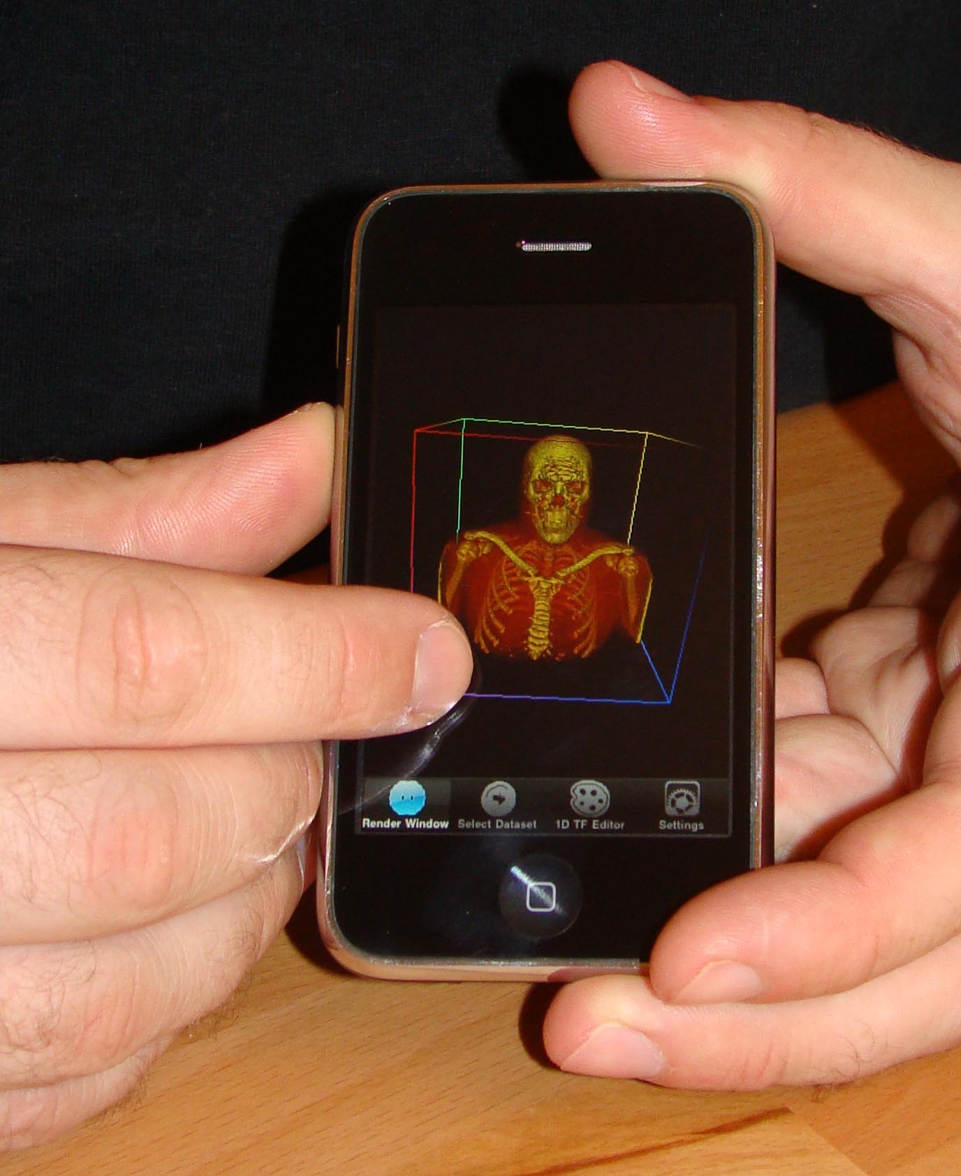 A three-dimensional visualization of a human torso -- constructed from CT scan X-rays -- is displayed on an iPhone using an "app" or application named ImageVis3D Mobile, which was developed by researchers at the University of Utah's Scientific Computing and Imaging Institute.